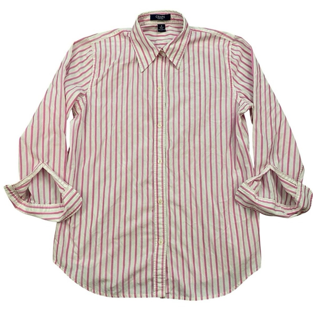 Chaps Women's Button Up Shirt‎ Pink White Striped Sz Small Buttonless Sleeves